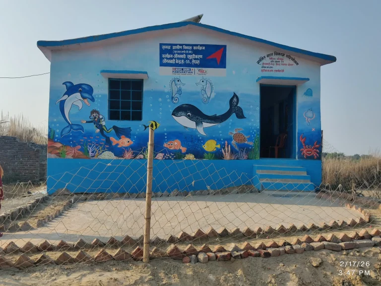Beautifully renovated Anganwadi building with educational wall paintings by rural development NGO BJUP and HDFC Parivartan