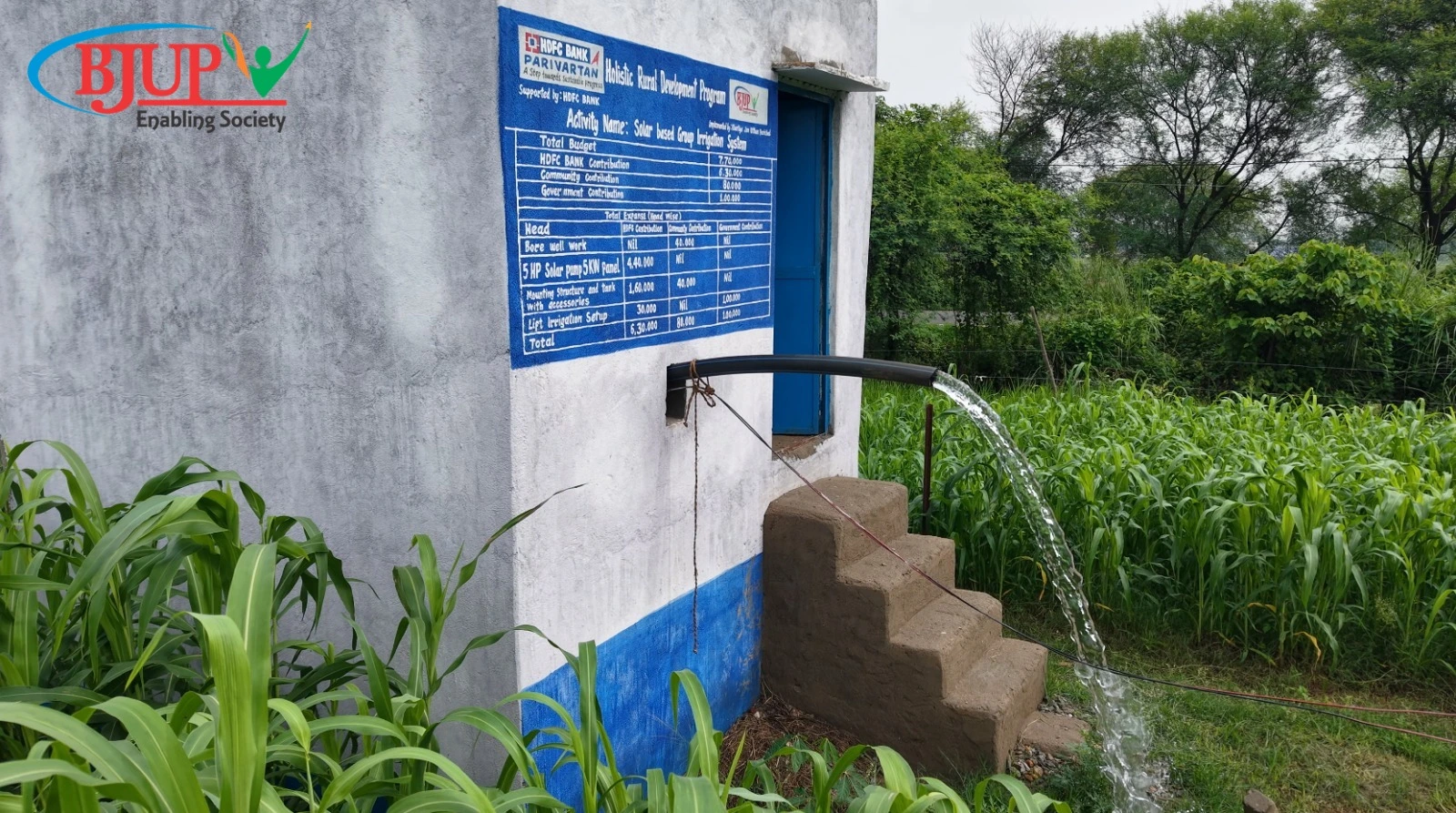 Water actively flowing from a solar-based group irrigation pump house into green fields, a successful CSR project by Climate-Resilient Agriculture NGO in Bihar BJUP and HDFC Bank Parivartan